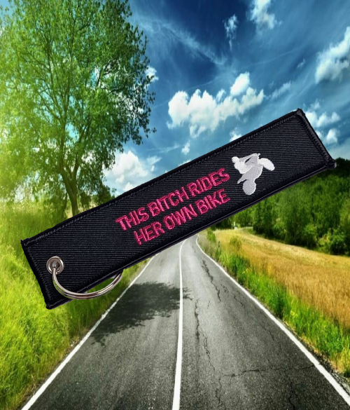 This Bitch Rides Her Own Bike (Black) – Keyring,female riders, lady biker, biker chick, girl keyring, biker, motorbike, motorcycle keyring