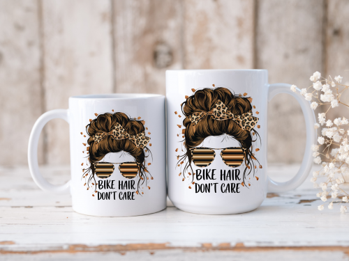 female riders, lady biker, biker chick, girl keyring, biker, motorbike, motorcycle keyring, mug, biker, Bike Hair Don’t Care – Mug 1
