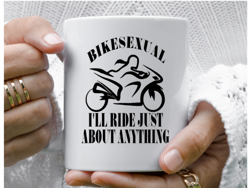 female riders, lady biker, biker chick, girl keyring, biker, motorbike, motorcycle keyring, mug, biker, Bikesexual, i'll ride just about anything mug 1