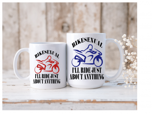 female riders, lady biker, biker chick, girl keyring, biker, motorbike, motorcycle keyring, mug, biker, Bikesexual, i'll ride just about anything mug 3