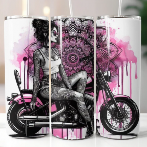 Female rider in chopper motorbike, 20oz Tumbler with Lid and Straw, Personalised female biker, biker chick, lady biker 1