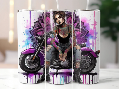 Female rider in chopper motorbike, 20oz Tumbler with Lid and Straw, Personalised female biker, biker chick, lady biker 2