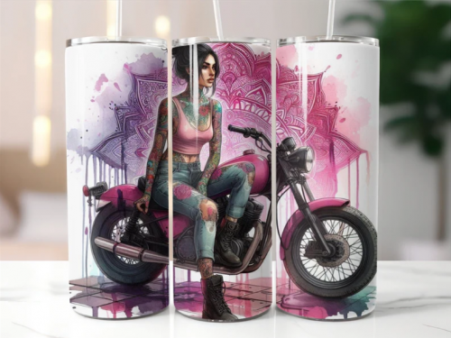 Female rider in chopper motorbike, 20oz Tumbler with Lid and Straw, Personalised female biker, biker chick, lady biker 3