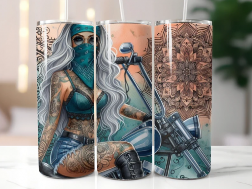 Female rider in chopper motorbike, 20oz Tumbler with Lid and Straw, Personalised female biker, biker chick, lady biker 4