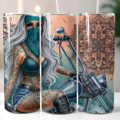 Female rider in chopper motorbike, 20oz Tumbler with Lid and Straw, Personalised female biker, biker chick, lady biker 4