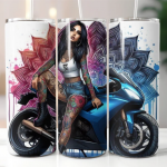 Female rider in chopper motorbike, 20oz Tumbler with Lid and Straw, Personalised female biker, biker chick, lady biker 5