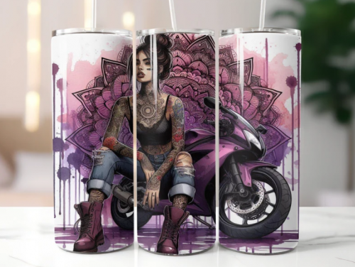 Female rider in chopper motorbike, 20oz Tumbler with Lid and Straw, Personalised female biker, biker chick, lady biker 6