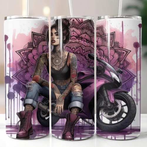 Female rider in chopper motorbike, 20oz Tumbler with Lid and Straw, Personalised female biker, biker chick, lady biker 6