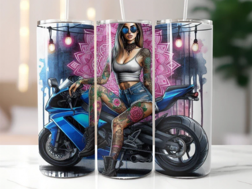 Female rider in chopper motorbike, 20oz Tumbler with Lid and Straw, Personalised female biker, biker chick, lady biker 7