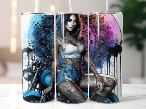 Female rider in chopper motorbike, 20oz Tumbler with Lid and Straw, Personalised female biker, biker chick, lady biker 9