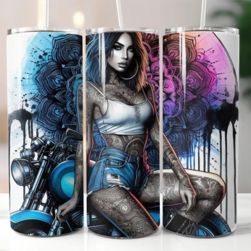 Female rider in chopper motorbike, 20oz Tumbler with Lid and Straw, Personalised female biker, biker chick, lady biker 9