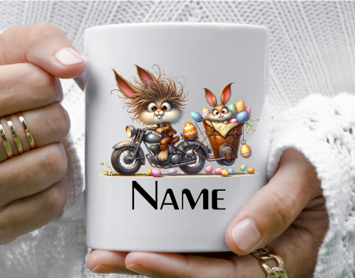 Motorbike Easter Bunny mug, gifts, Bunny and his bunny son.