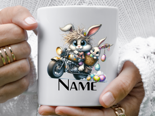 Cute Bunny and Son in a chopper Motorbike Easter eggs - Mug